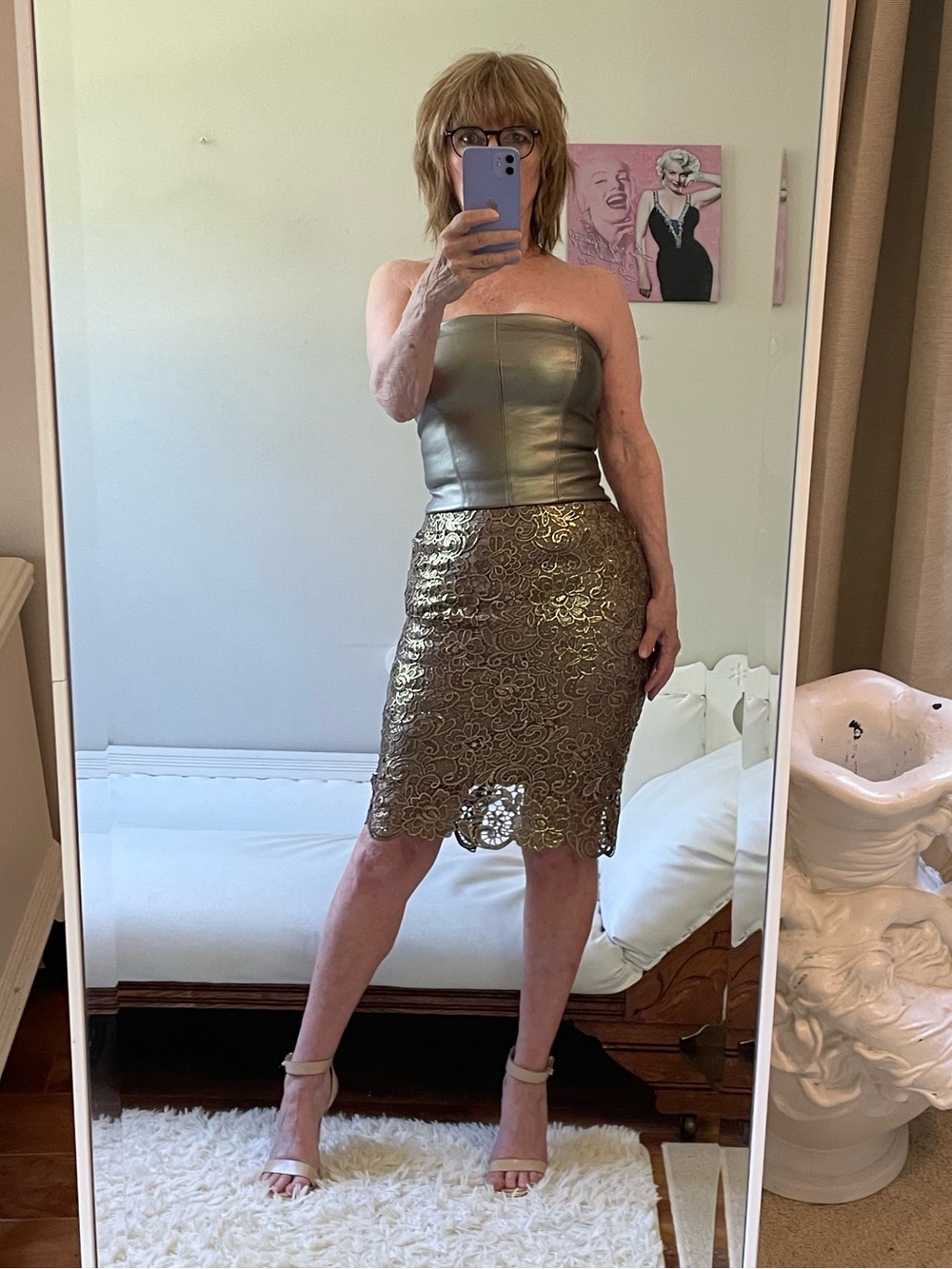 WHBM GOLD BRONZE PENCIL SKIRT METALLIC LACE ZIPPER LINED PETITE